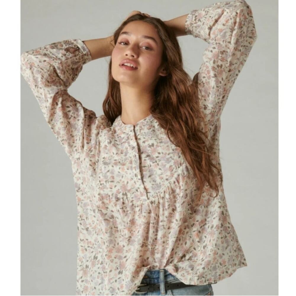 Lucky Brand Whisper White Floral Top Womens XXL Lace Inset Long Sleeve Cotton